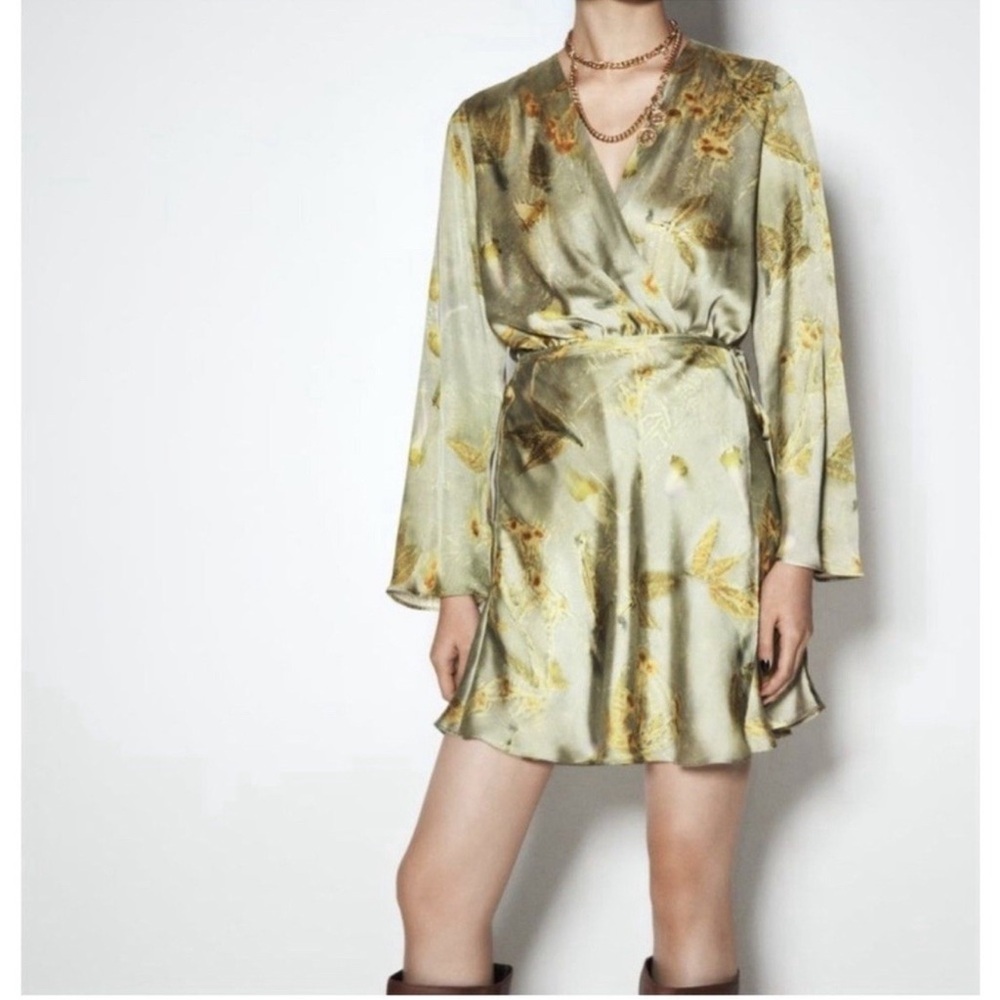 Zara Kimono Style Wrap Dress Long Sleeve Floral Satin S Small